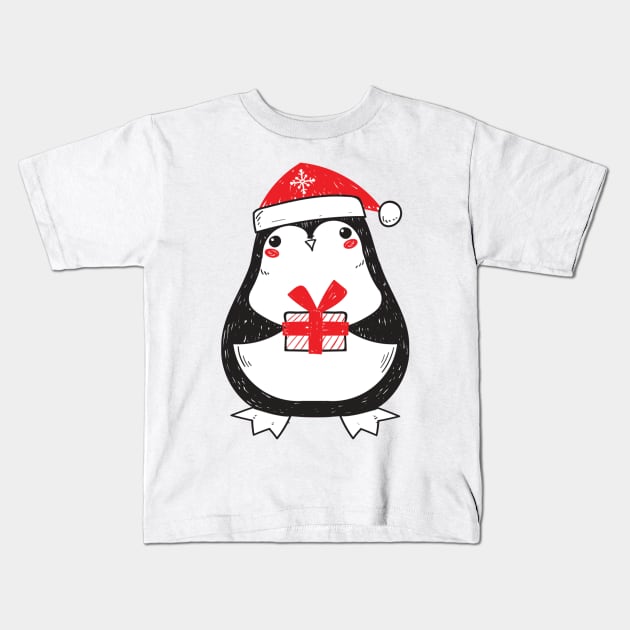 Cheerful Christmas Penguin Kids T-Shirt by Korry